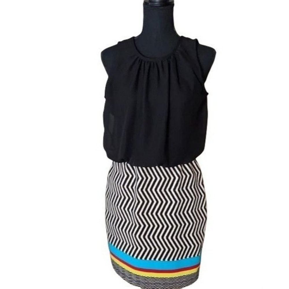 Ruby Rox black sleeveless mini dress with chevron pattered skirt size L